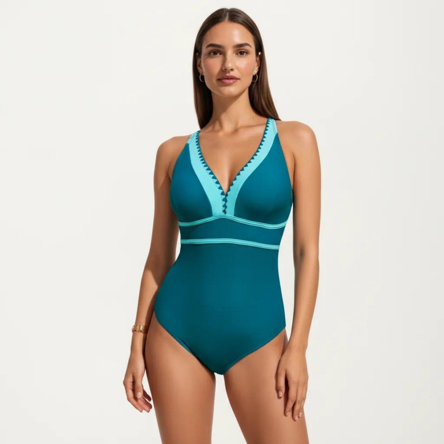 One Piece Swimsuit with Deep V Neck Contrast Trim and Sculpted Waist Design