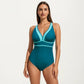 One Piece Swimsuit with Deep V Neck Contrast Trim and Sculpted Waist Design