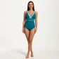 One Piece Swimsuit with Deep V Neck Contrast Trim and Sculpted Waist Design