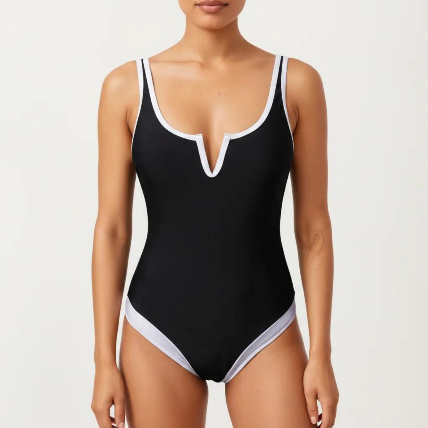 One Piece Swimsuit with Notched Scoop Neck Contrast Trim and Contoured Fit