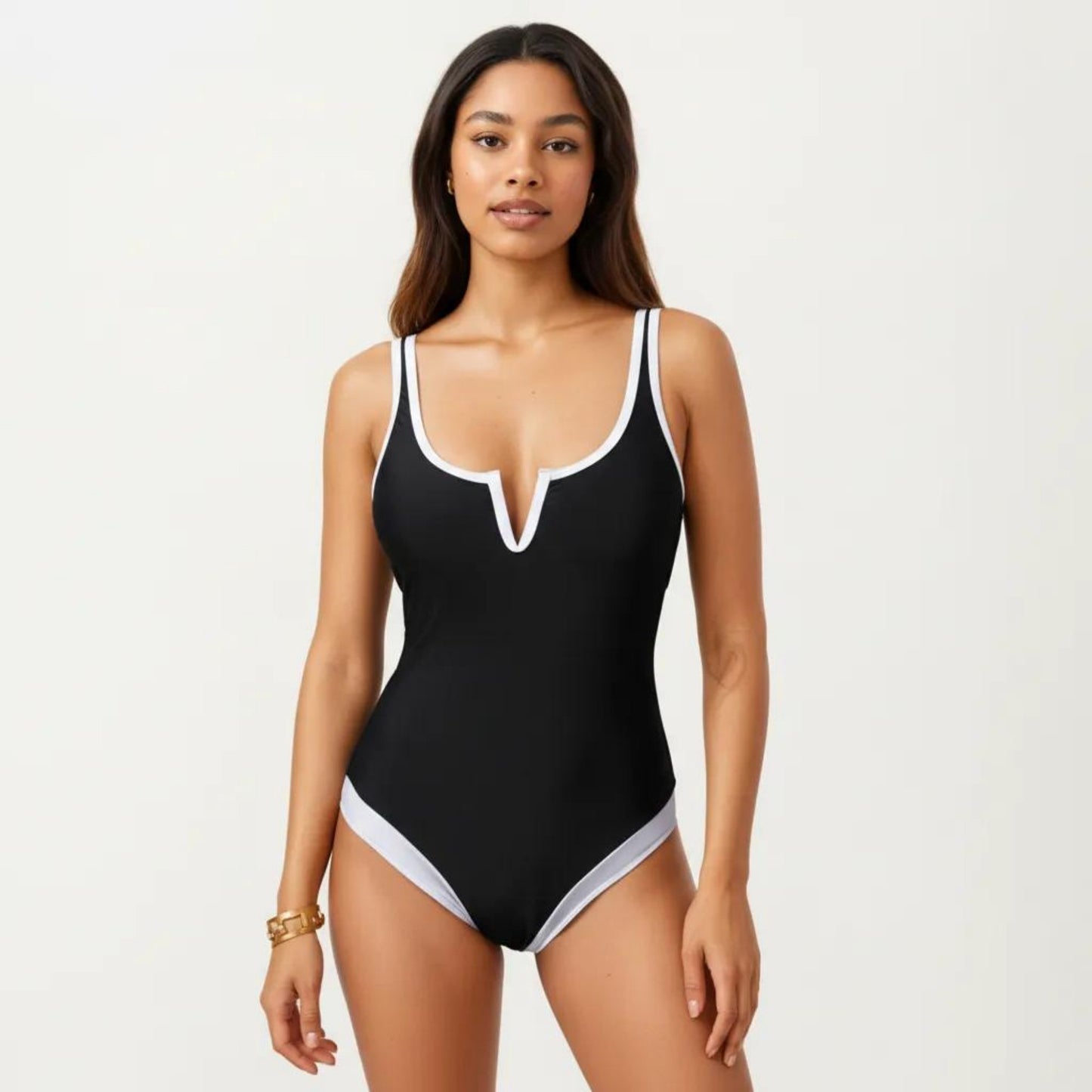 One Piece Swimsuit with Notched Scoop Neck Contrast Trim and Contoured Fit