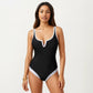 One Piece Swimsuit with Notched Scoop Neck Contrast Trim and Contoured Fit