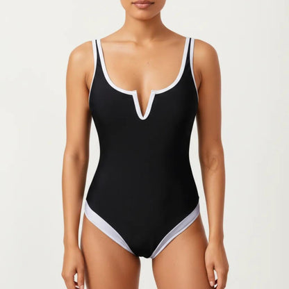One Piece Swimsuit with Notched Scoop Neck Contrast Trim and Contoured Fit