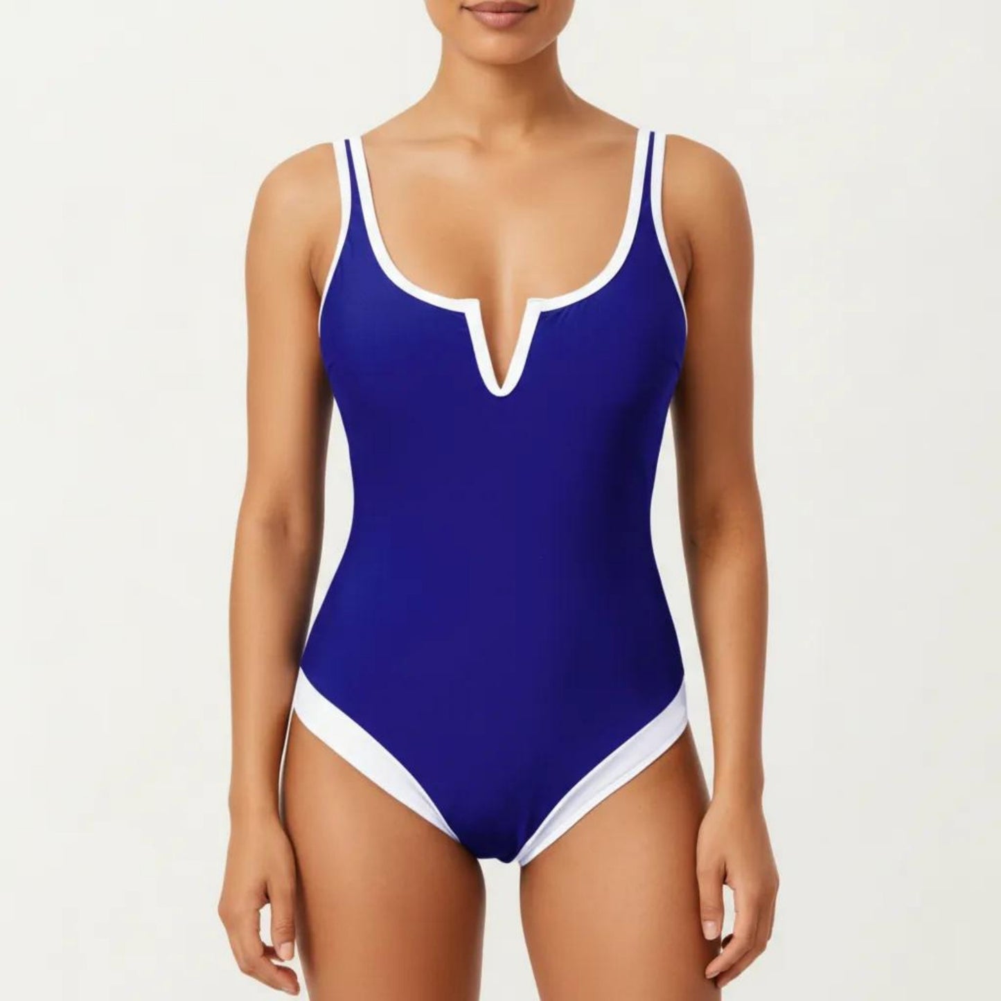 One Piece Swimsuit with Notched Scoop Neck Contrast Trim and Contoured Fit