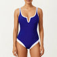 One Piece Swimsuit with Notched Scoop Neck Contrast Trim and Contoured Fit