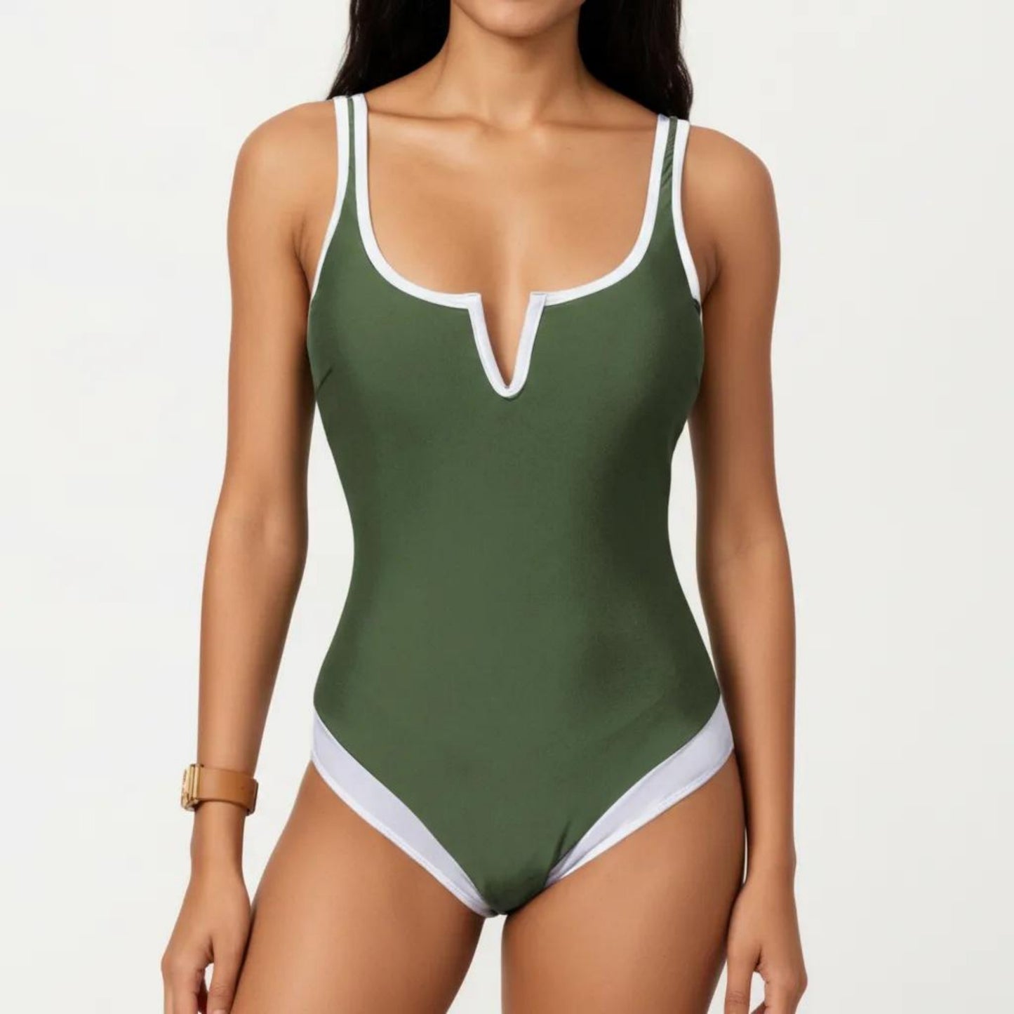 One Piece Swimsuit with Notched Scoop Neck Contrast Trim and Contoured Fit