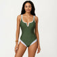 One Piece Swimsuit with Notched Scoop Neck Contrast Trim and Contoured Fit