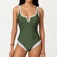One Piece Swimsuit with Notched Scoop Neck Contrast Trim and Contoured Fit