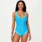 One Piece Swimsuit with Notched Scoop Neck Contrast Trim and Contoured Fit