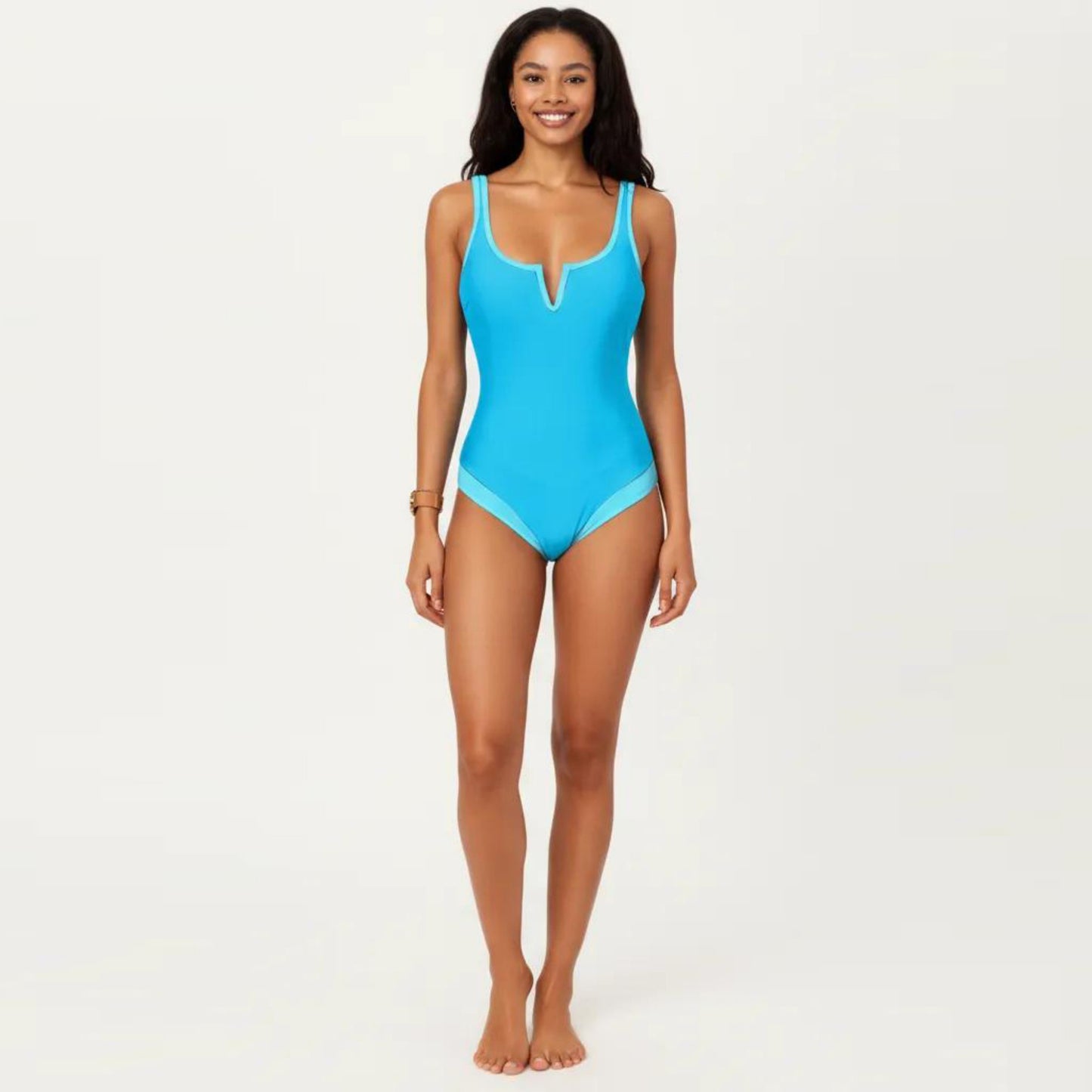 One Piece Swimsuit with Notched Scoop Neck Contrast Trim and Contoured Fit
