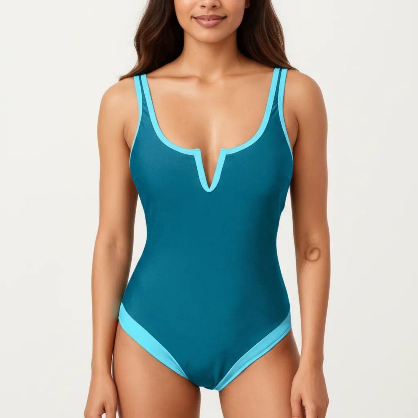 One Piece Swimsuit with Notched Scoop Neck Contrast Trim and Contoured Fit