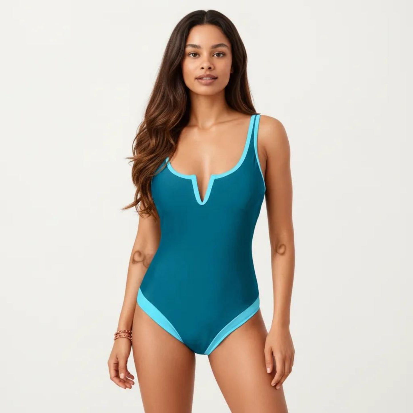 One Piece Swimsuit with Notched Scoop Neck Contrast Trim and Contoured Fit