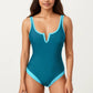 One Piece Swimsuit with Notched Scoop Neck Contrast Trim and Contoured Fit