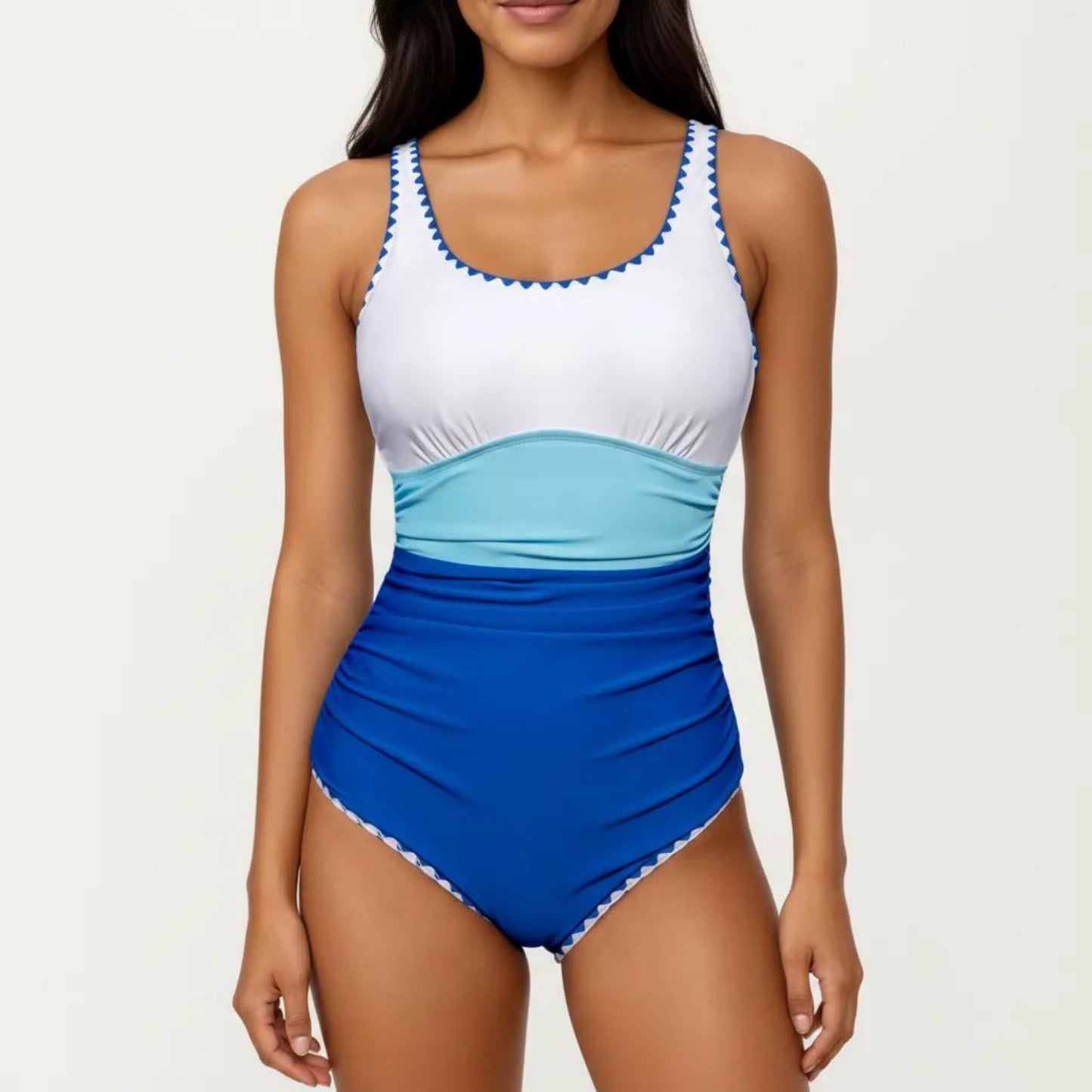 One Piece Swimsuit with Contrast Trim Scoop Neck and Ruched Waist