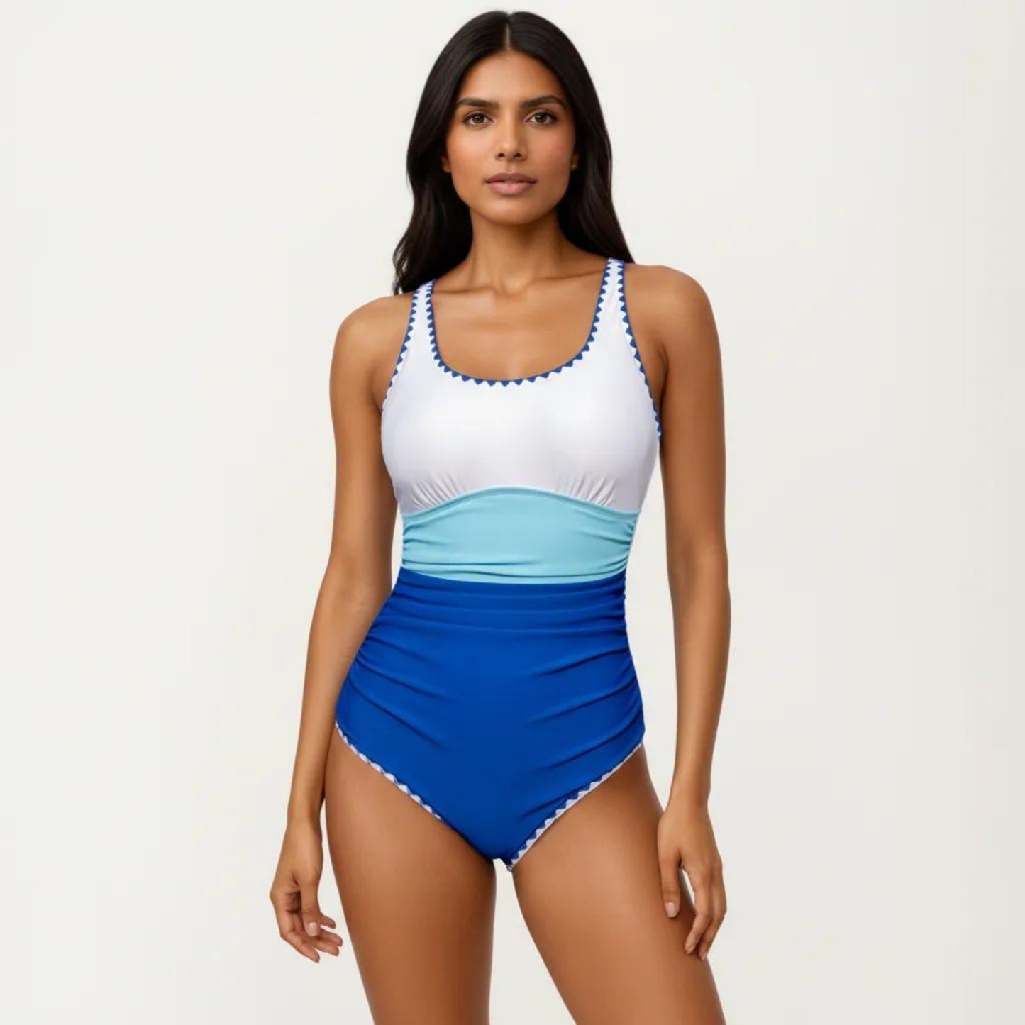 One Piece Swimsuit with Contrast Trim Scoop Neck and Ruched Waist