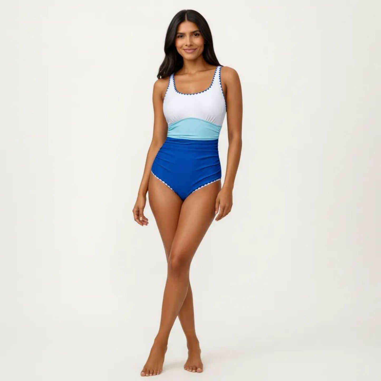 One Piece Swimsuit with Contrast Trim Scoop Neck and Ruched Waist