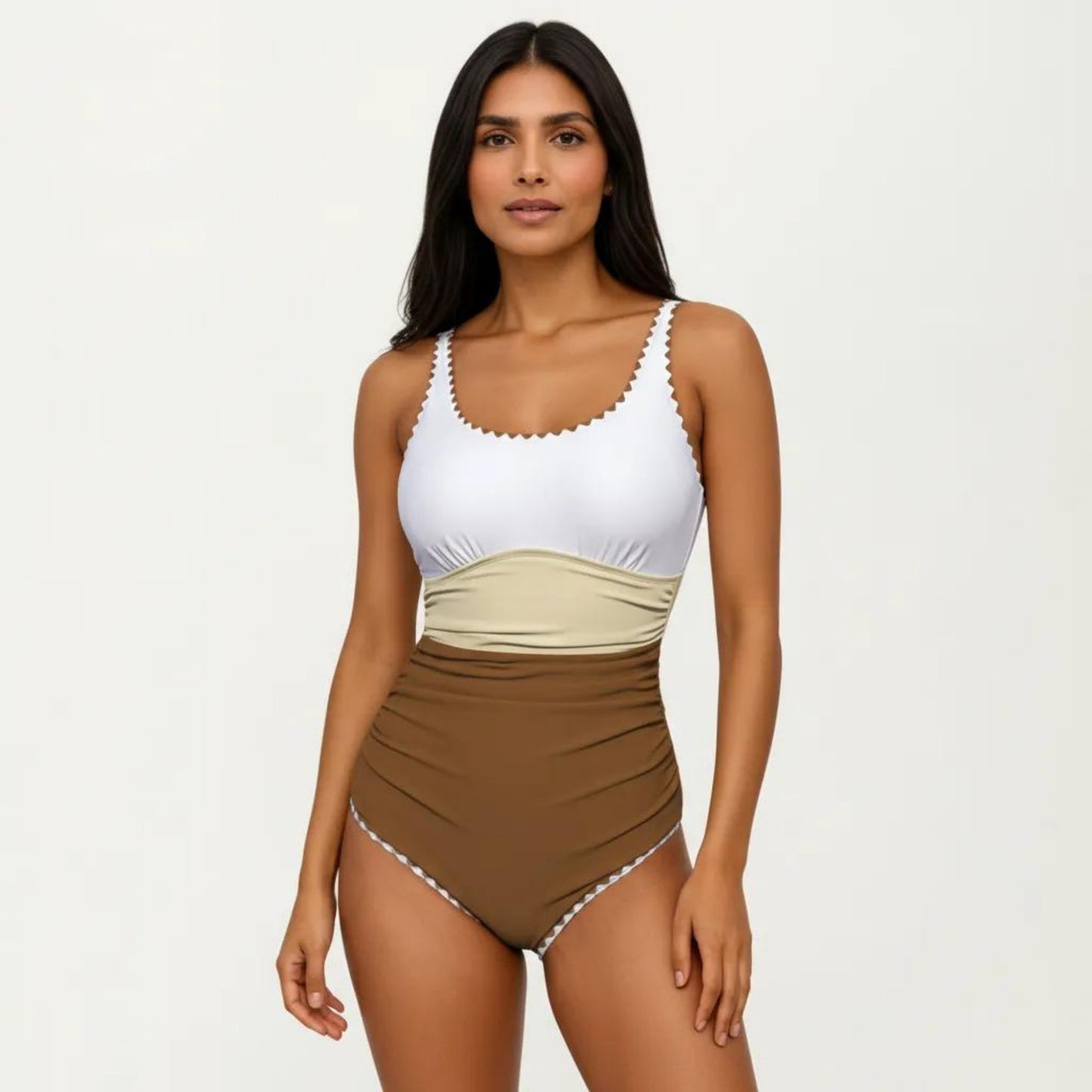 One Piece Swimsuit with Contrast Trim Scoop Neck and Ruched Waist
