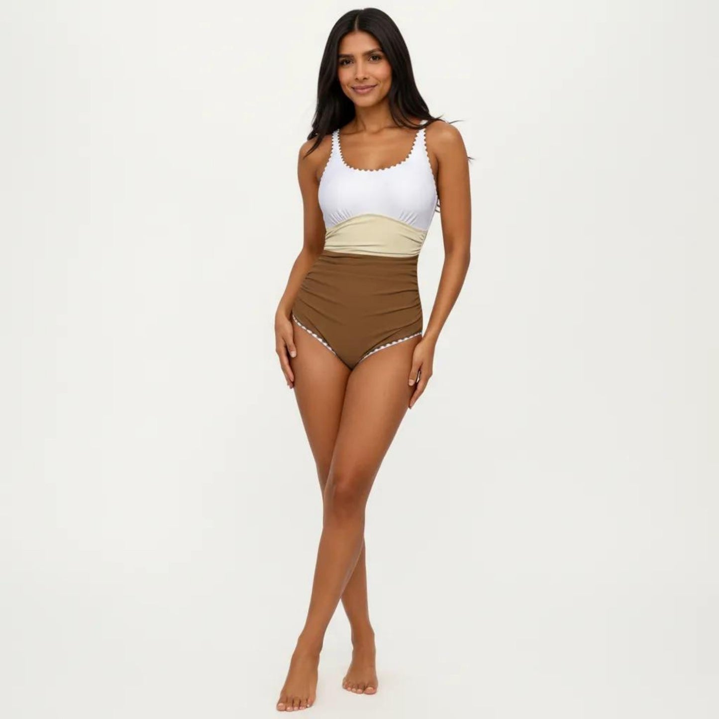 One Piece Swimsuit with Contrast Trim Scoop Neck and Ruched Waist