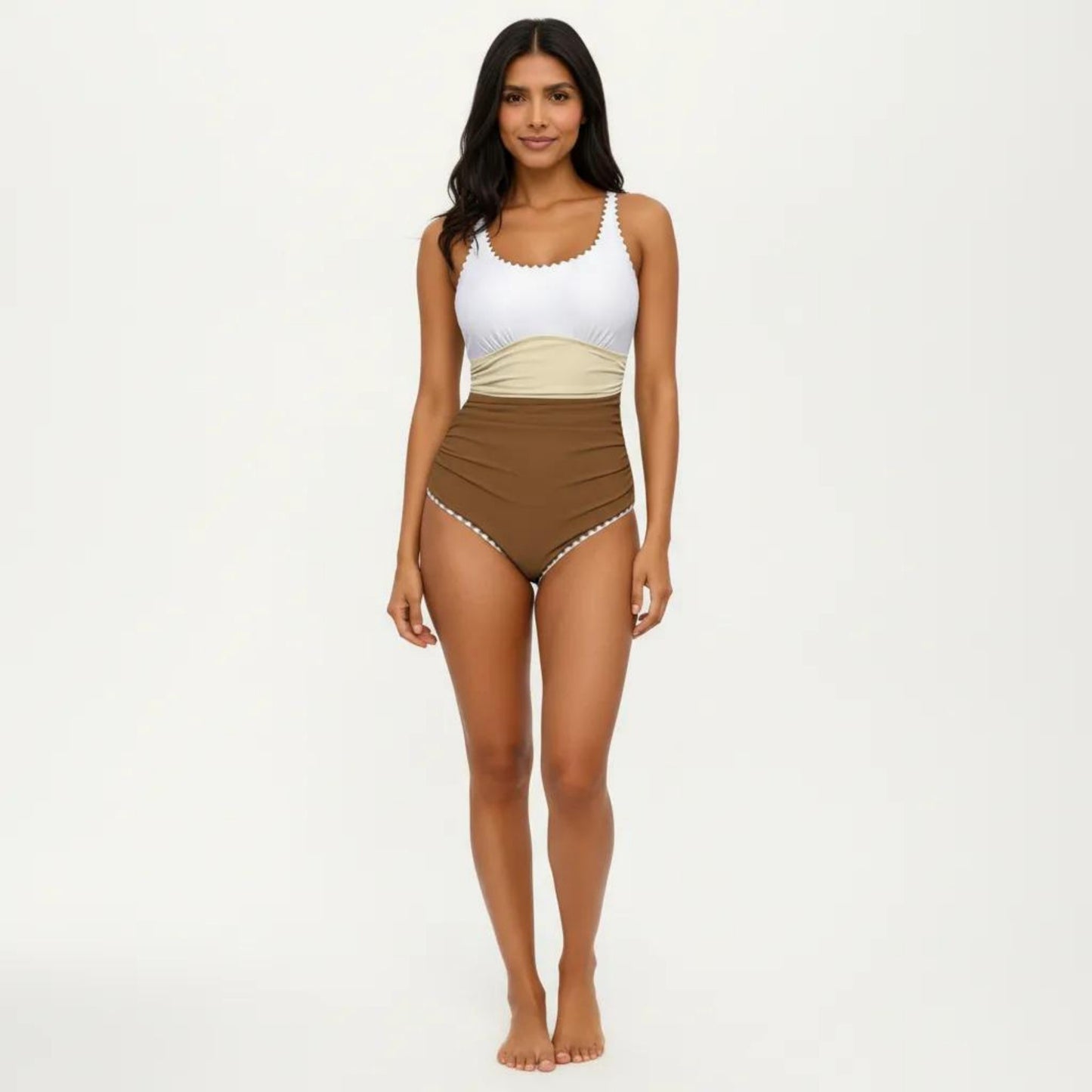 One Piece Swimsuit with Contrast Trim Scoop Neck and Ruched Waist