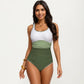 One Piece Swimsuit with Contrast Trim Scoop Neck and Ruched Waist