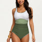 One Piece Swimsuit with Contrast Trim Scoop Neck and Ruched Waist