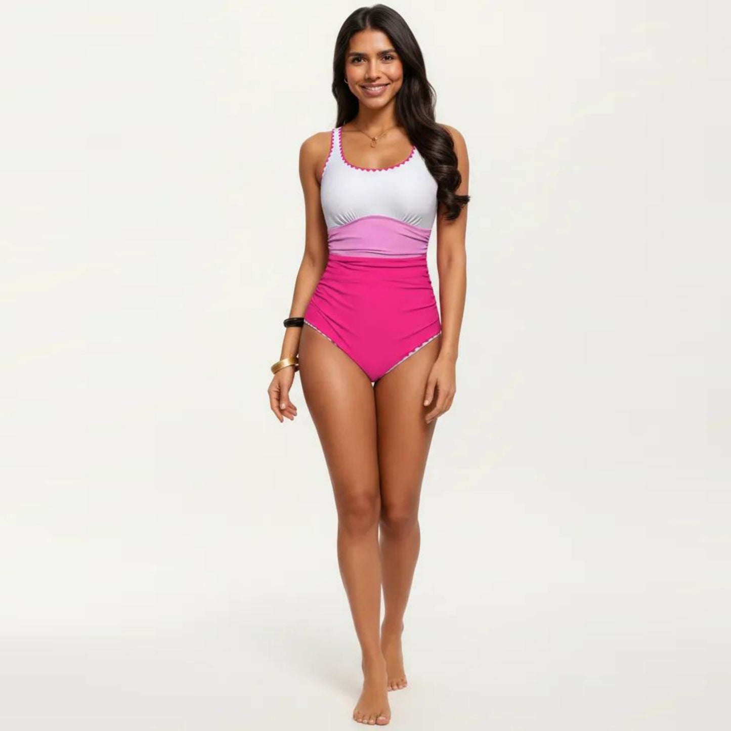 One Piece Swimsuit with Contrast Trim Scoop Neck and Ruched Waist