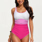 One Piece Swimsuit with Contrast Trim Scoop Neck and Ruched Waist