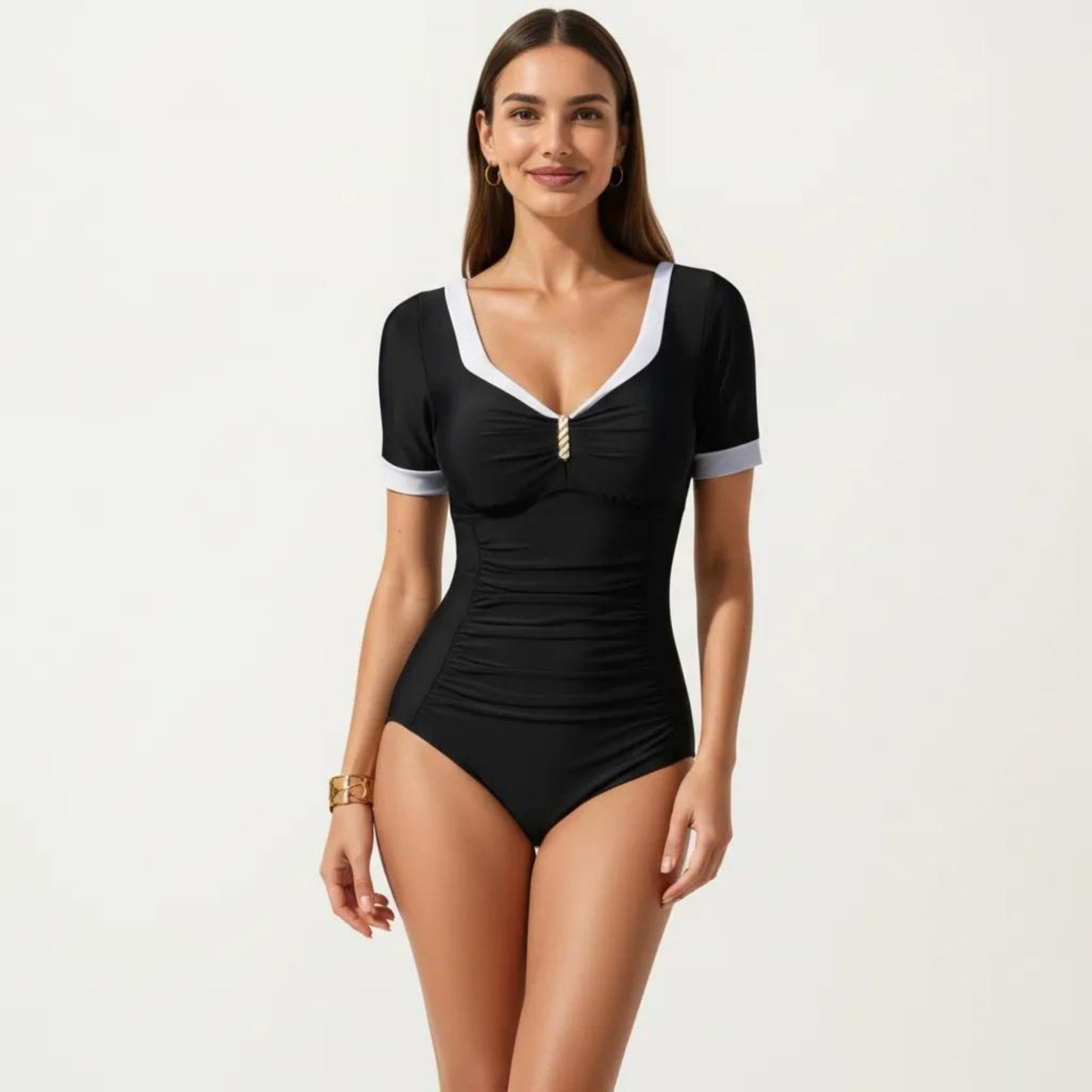 One Piece Fashion Swimsuit with Short Sleeves V Neck Trim and Ruched Waist