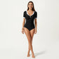 One Piece Fashion Swimsuit with Short Sleeves V Neck Trim and Ruched Waist