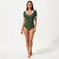 One Piece Fashion Swimsuit with Short Sleeves V Neck Trim and Ruched Waist