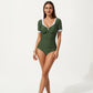 One Piece Fashion Swimsuit with Short Sleeves V Neck Trim and Ruched Waist