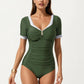One Piece Fashion Swimsuit with Short Sleeves V Neck Trim and Ruched Waist