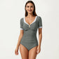 One Piece Fashion Swimsuit with Short Sleeves V Neck Trim and Ruched Waist