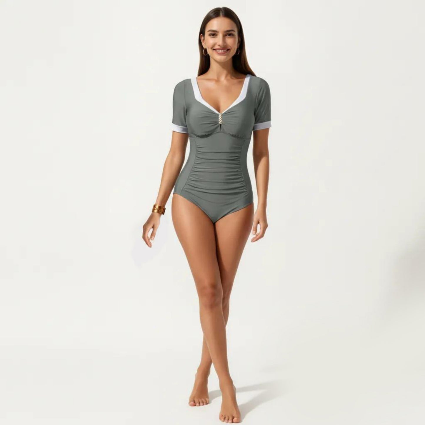 One Piece Fashion Swimsuit with Short Sleeves V Neck Trim and Ruched Waist