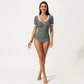 One Piece Fashion Swimsuit with Short Sleeves V Neck Trim and Ruched Waist