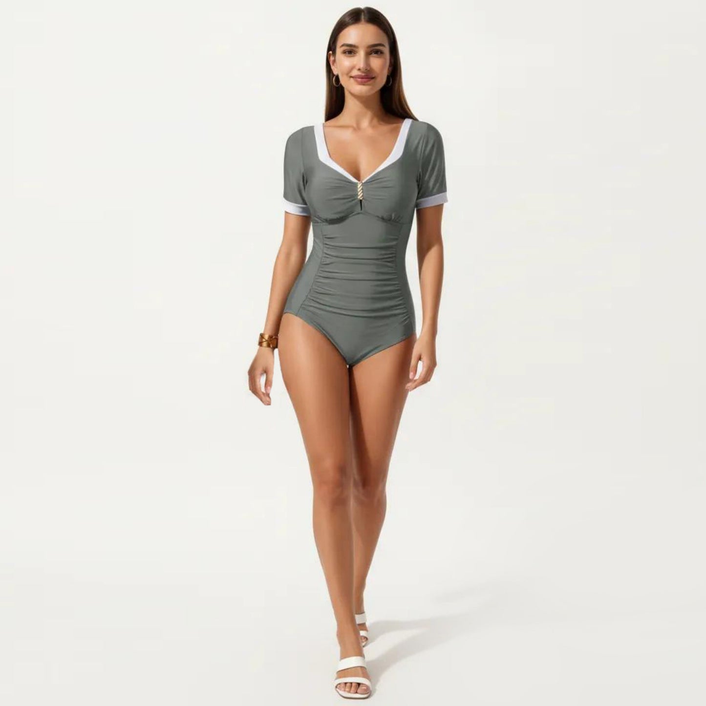 One Piece Fashion Swimsuit with Short Sleeves V Neck Trim and Ruched Waist