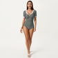 One Piece Fashion Swimsuit with Short Sleeves V Neck Trim and Ruched Waist