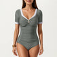 One Piece Fashion Swimsuit with Short Sleeves V Neck Trim and Ruched Waist