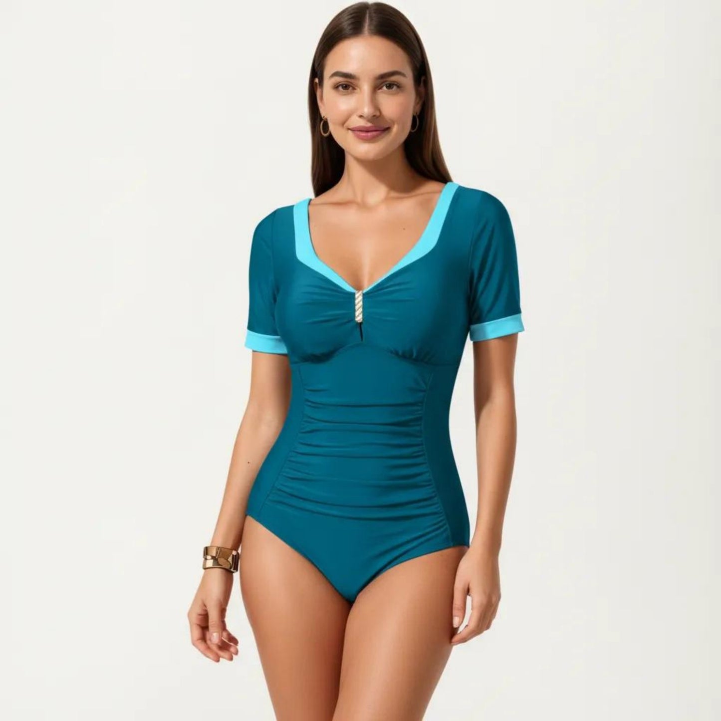 One Piece Fashion Swimsuit with Short Sleeves V Neck Trim and Ruched Waist