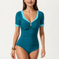 One Piece Fashion Swimsuit with Short Sleeves V Neck Trim and Ruched Waist