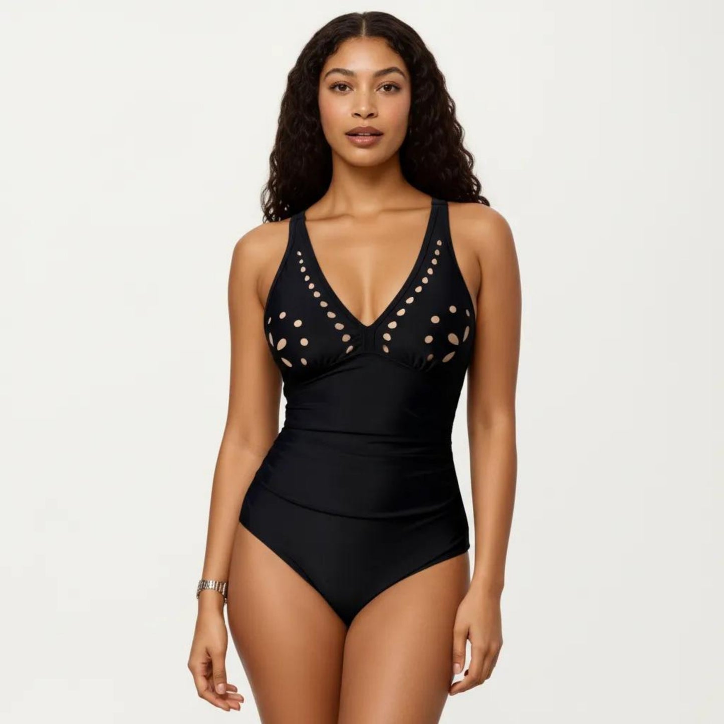 One Piece Swimsuit with V Neck Laser Cut Detail and Contoured Fit