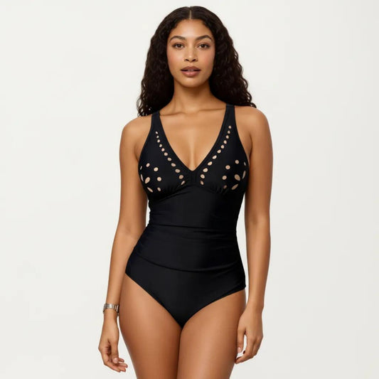 One Piece Swimsuit with V Neck Laser Cut Detail and Contoured Fit