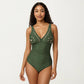 One Piece Swimsuit with V Neck Laser Cut Detail and Contoured Fit