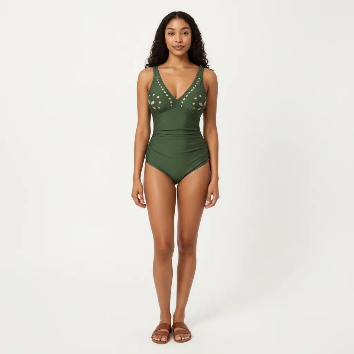 One Piece Swimsuit with V Neck Laser Cut Detail and Contoured Fit