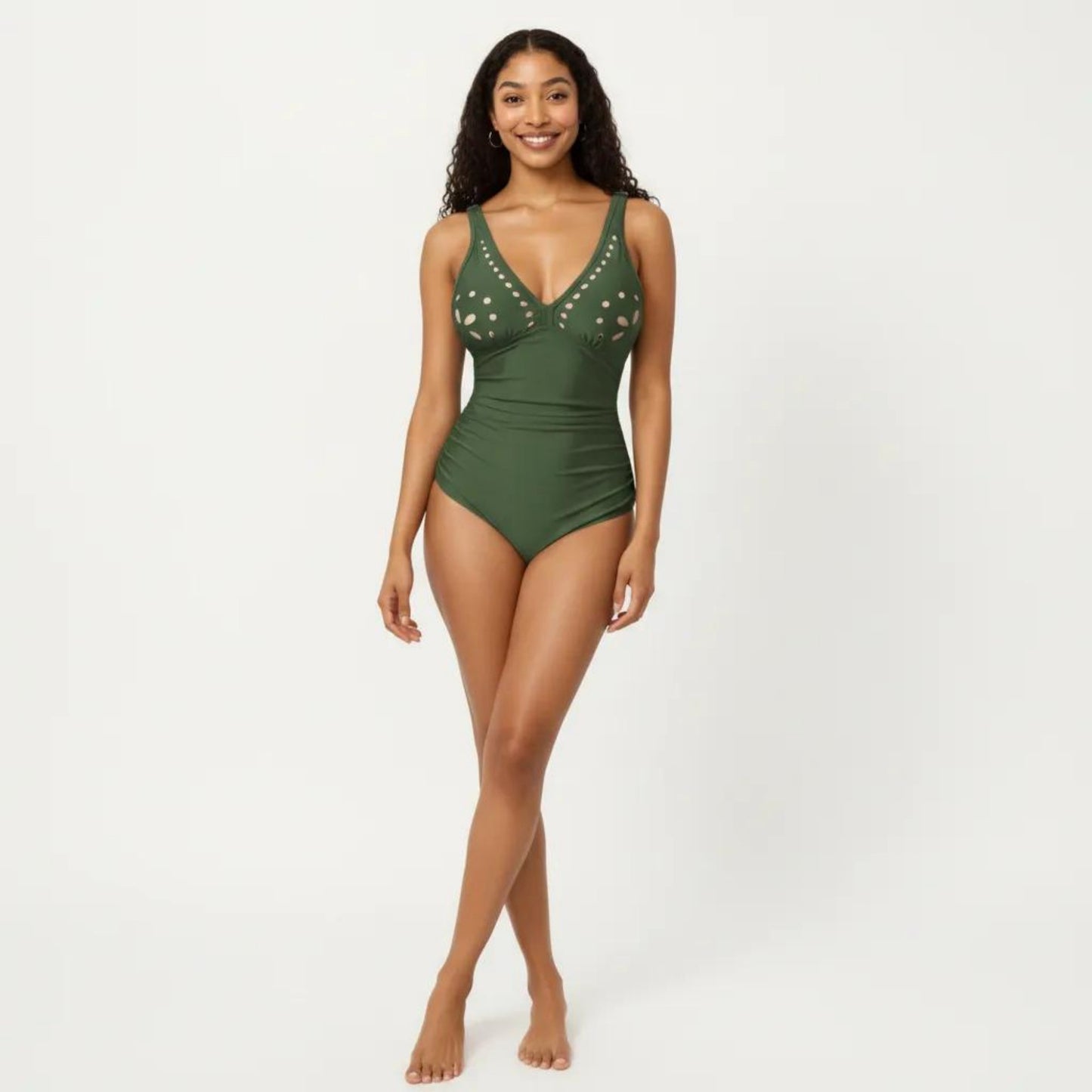 One Piece Swimsuit with V Neck Laser Cut Detail and Contoured Fit