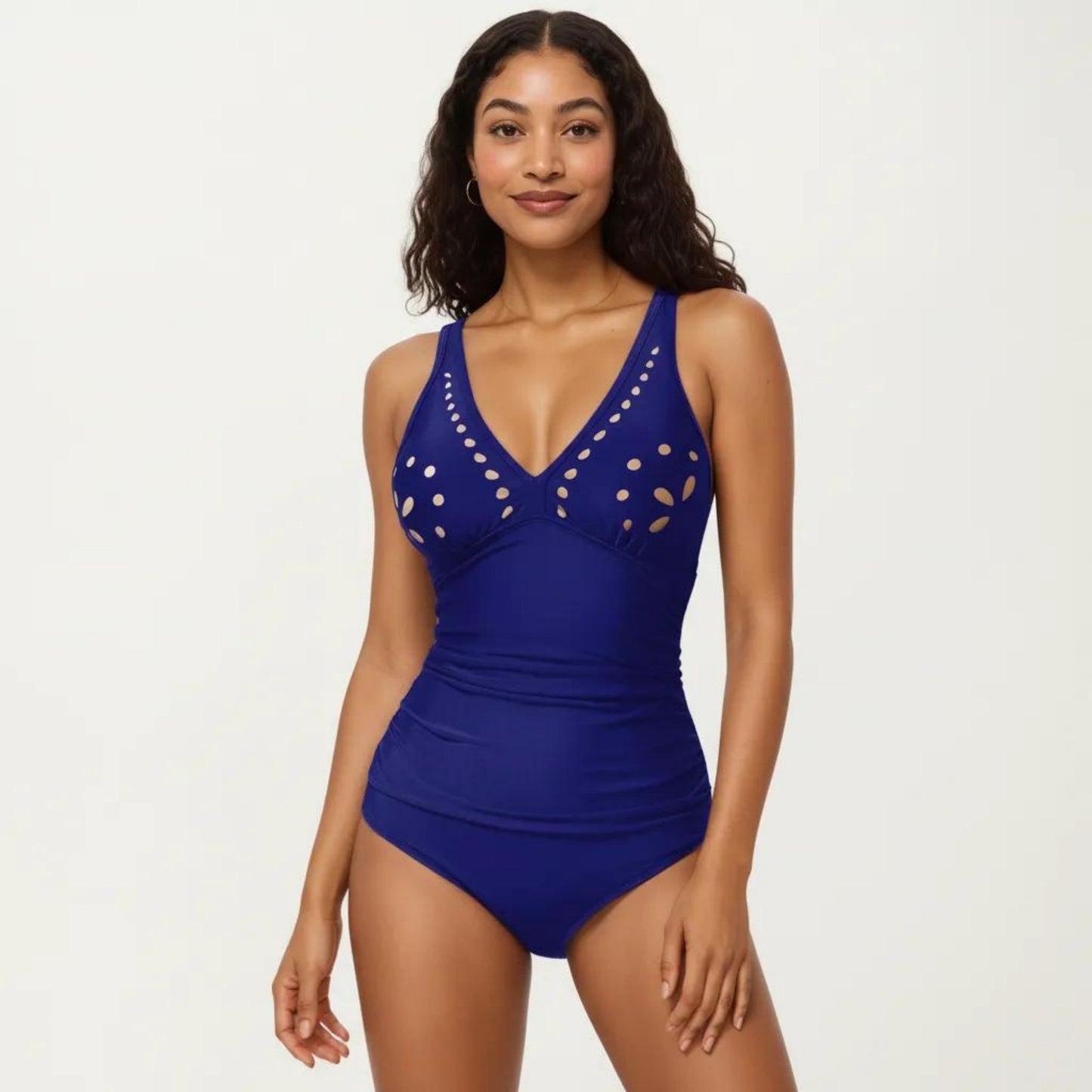 One Piece Swimsuit with V Neck Laser Cut Detail and Contoured Fit