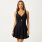 One Piece Swim Dress with V Neck Twist Front Cutout and Flared Skirt