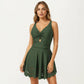 One Piece Swim Dress with V Neck Twist Front Cutout and Flared Skirt