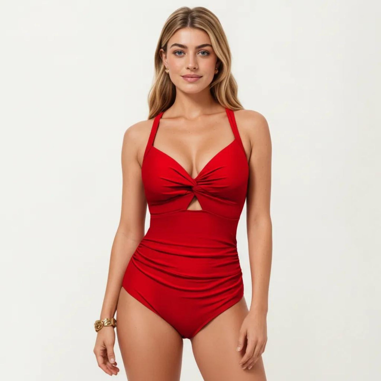 One Piece Swimsuit with Halter Neckline Twist Front Cutout and Ruched Waist