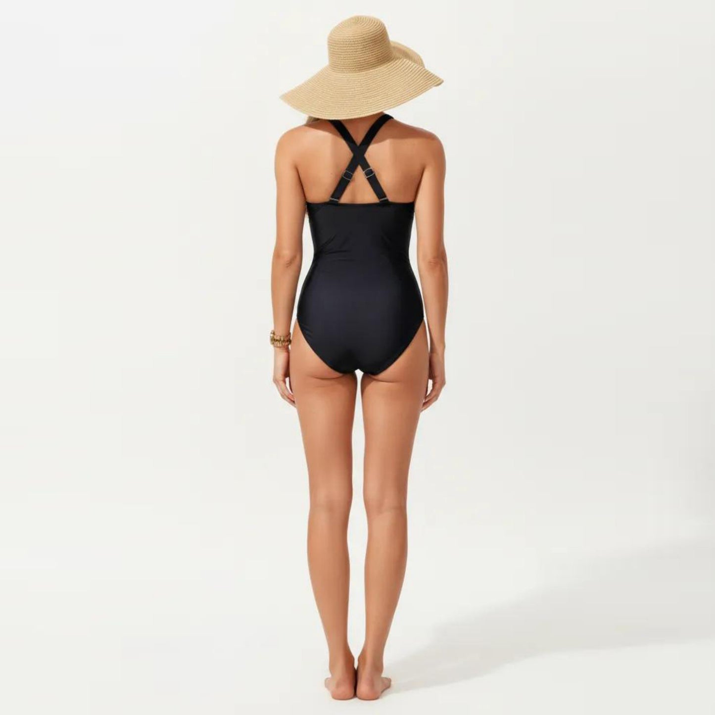 One Piece Swimsuit with Halter Neckline Ruched Front and Laser Cut Detail